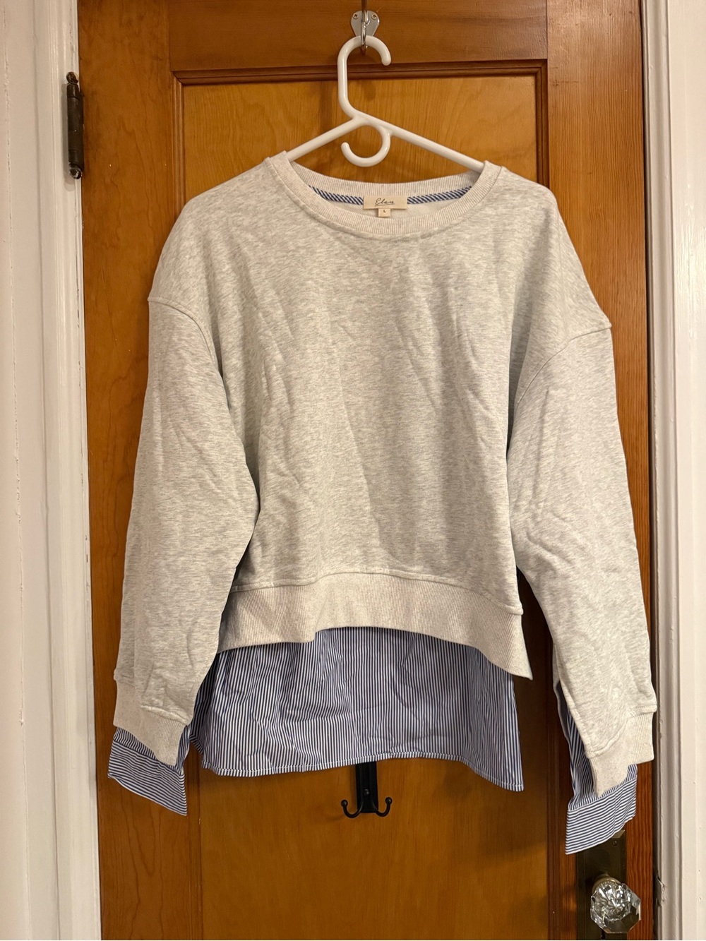 Elan Heather Gray Crewneck Sweatshirt with Blue Striped Shirt Hem